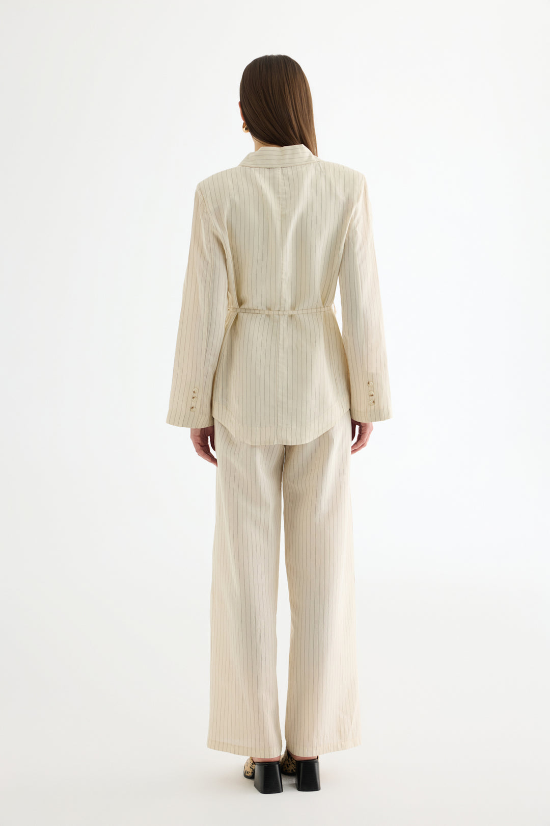 Çizgili Bağcıklı Gömlek Ceket Ekru