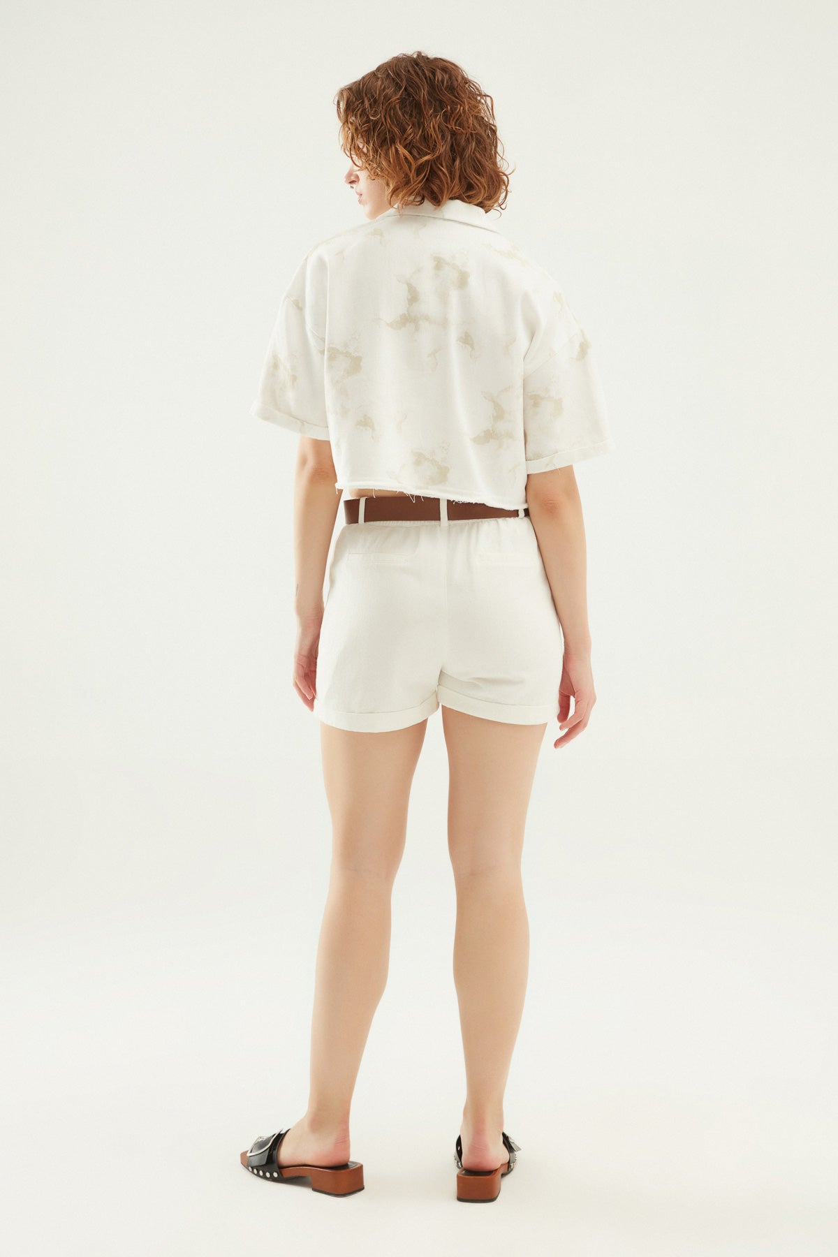 Belted Gabardine Double Leg Shorts White