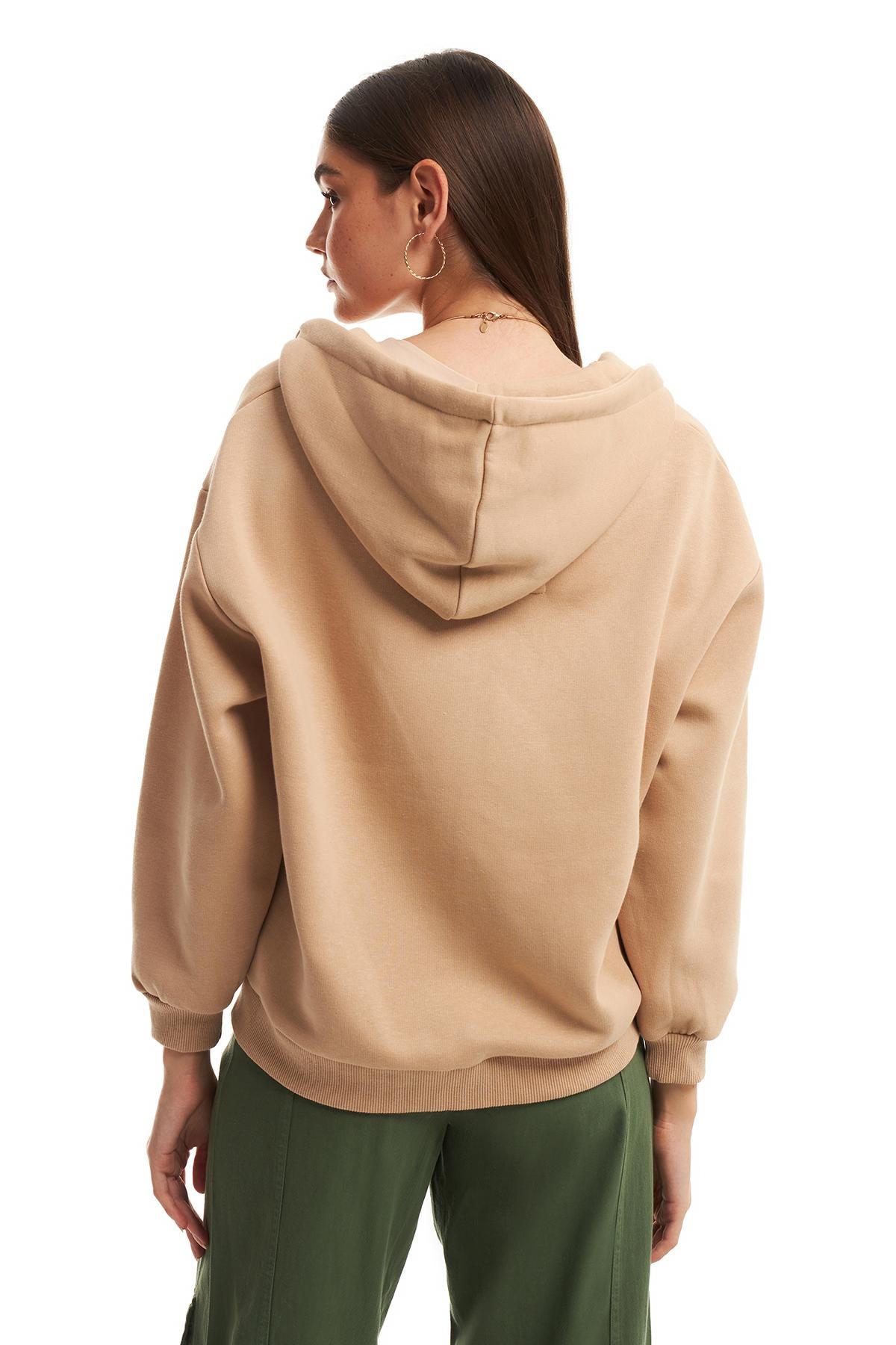 Zippered Hoodie Sweatshirt Beige