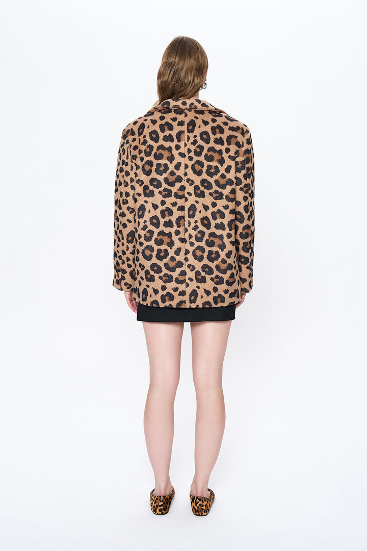 Leopar Desenli Oversize Kaşe Blazer Ceket Camel