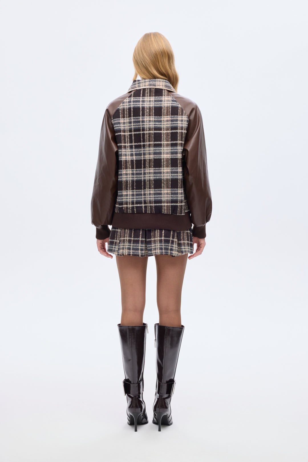 Deri Garnili Ekose Oversize Bomber Ceket Kahverengi