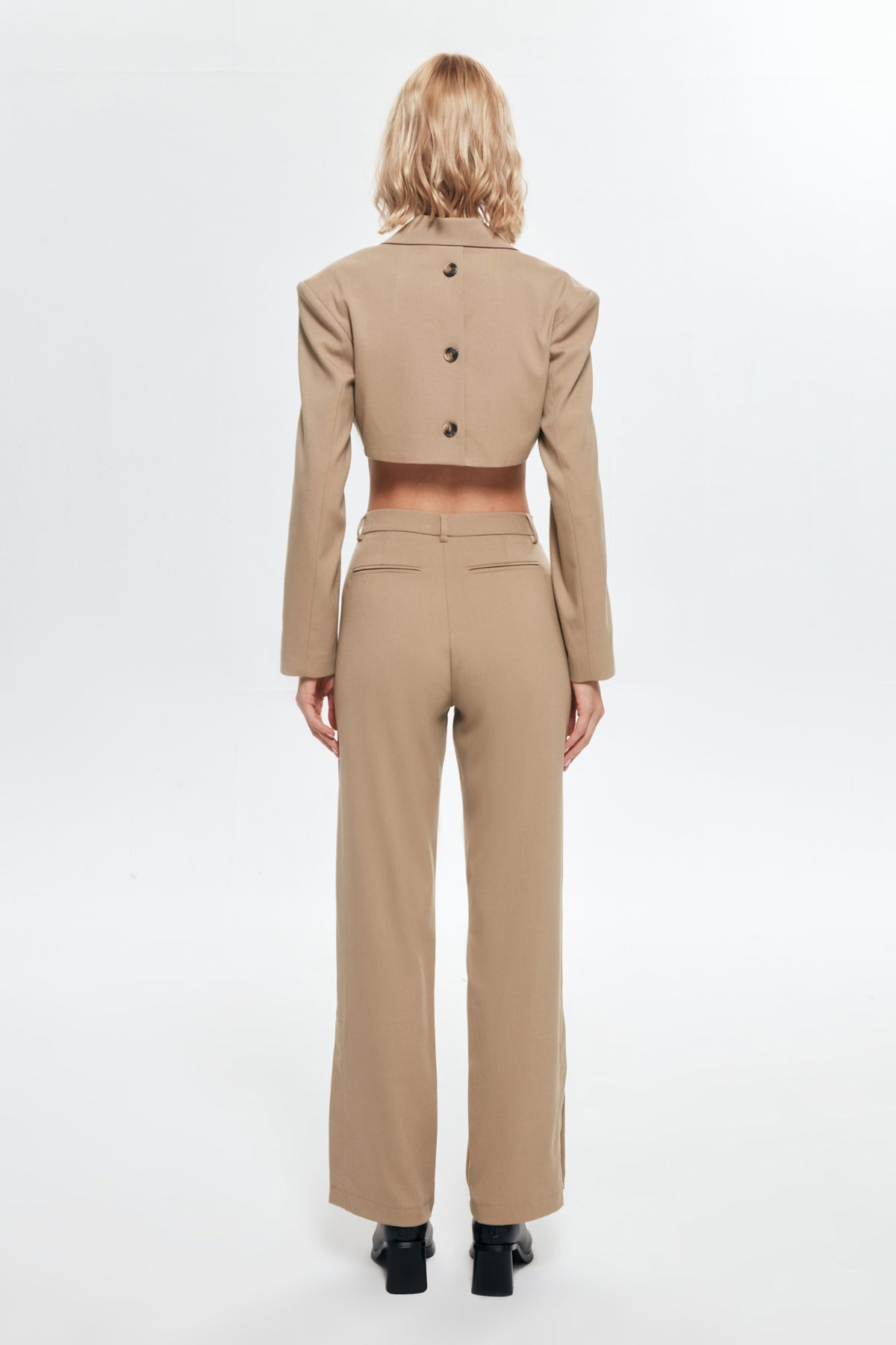 Button Detailed High Waist Trousers Beige