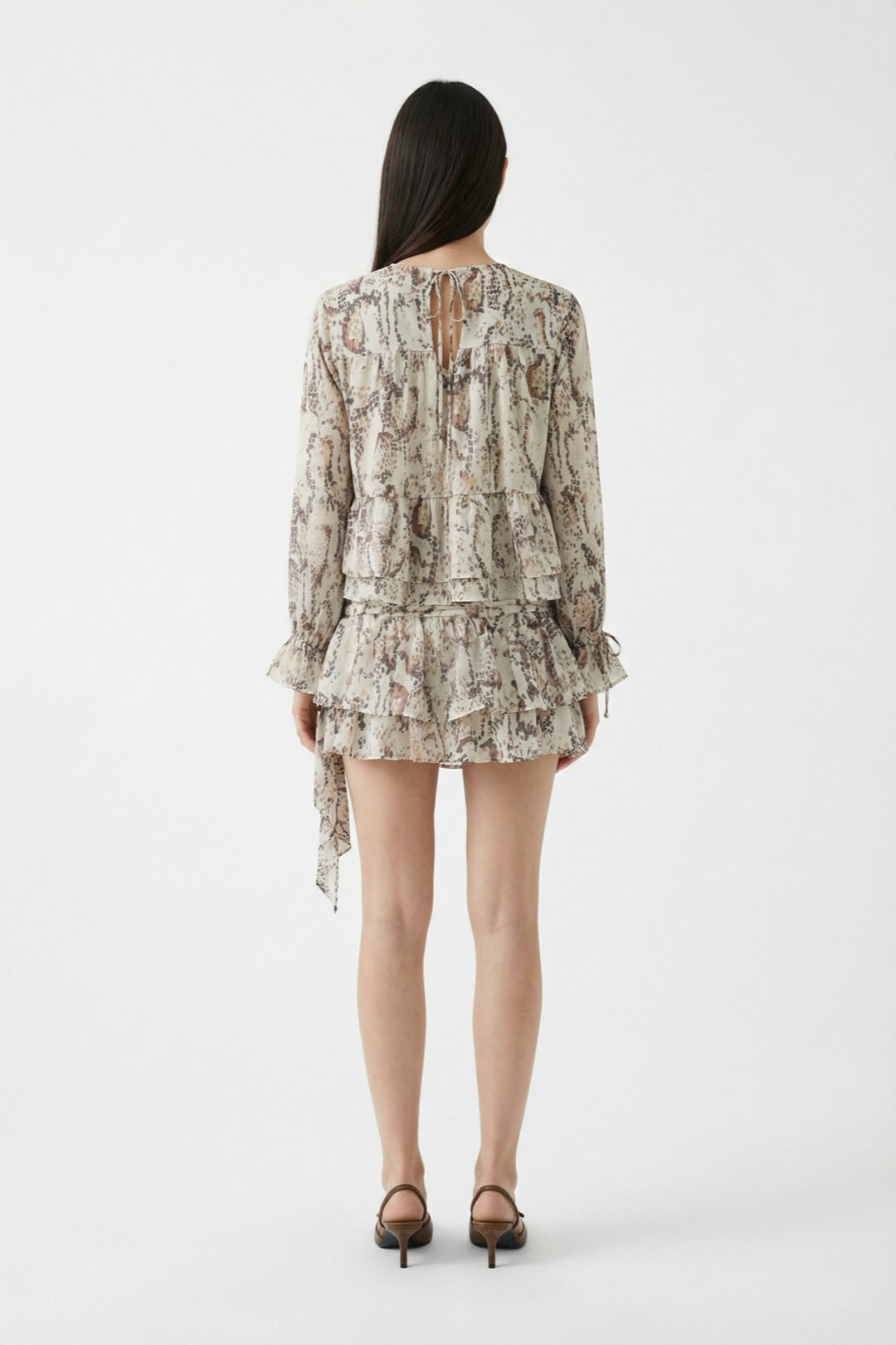 Desenli Fırfırlı Mini Etek Bej