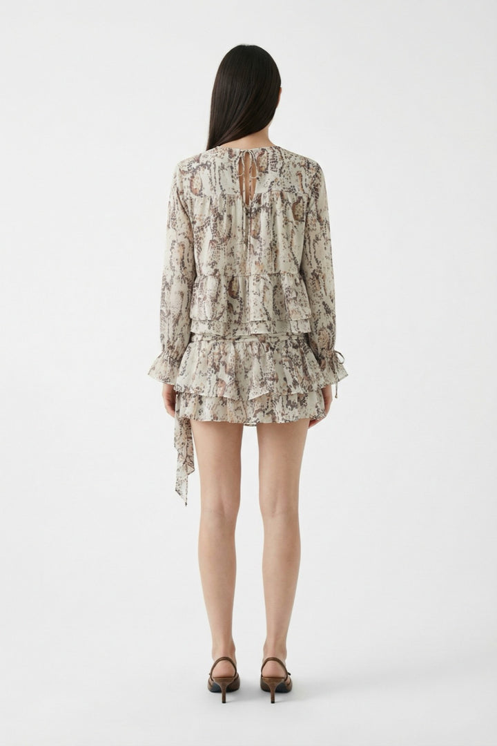 Desenli Fırfırlı Mini Etek Bej