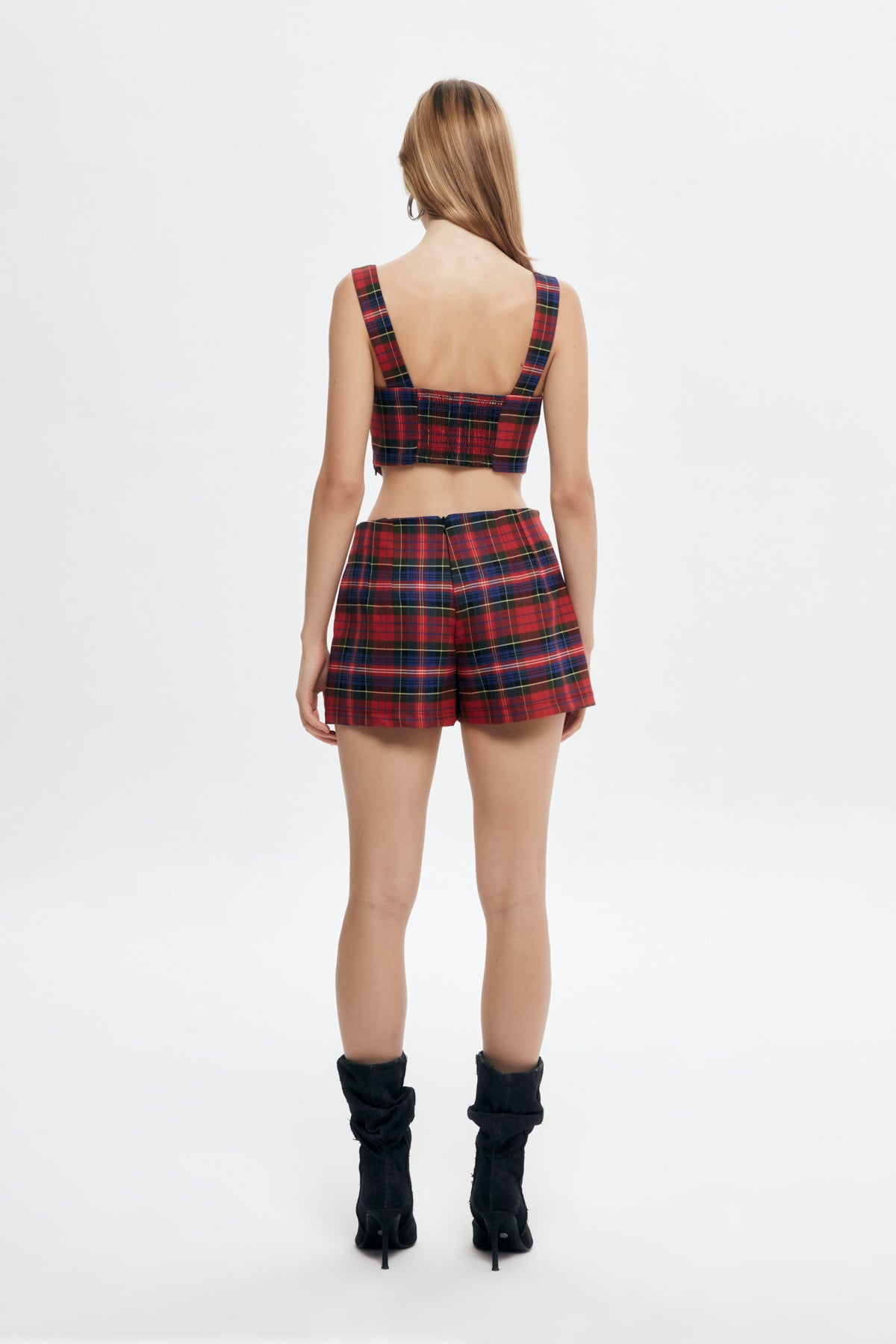 Zipper Detailed Checked Mini Shorts Skirt Red