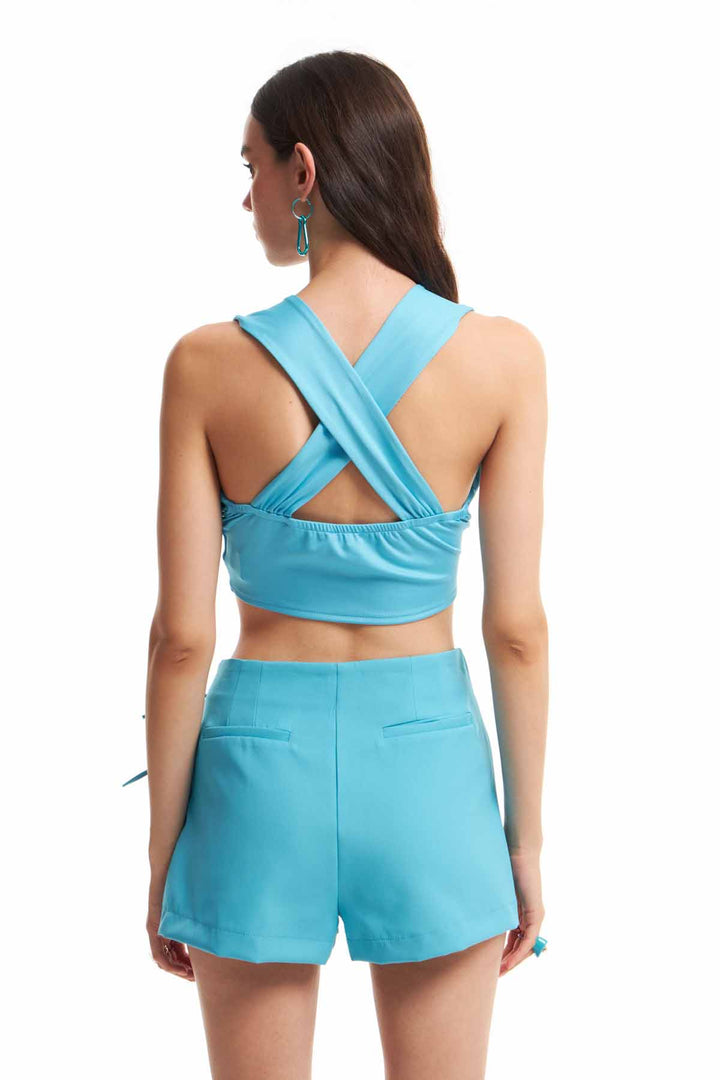 Çapraz Bağlamalı Crop Bluz Turkuaz