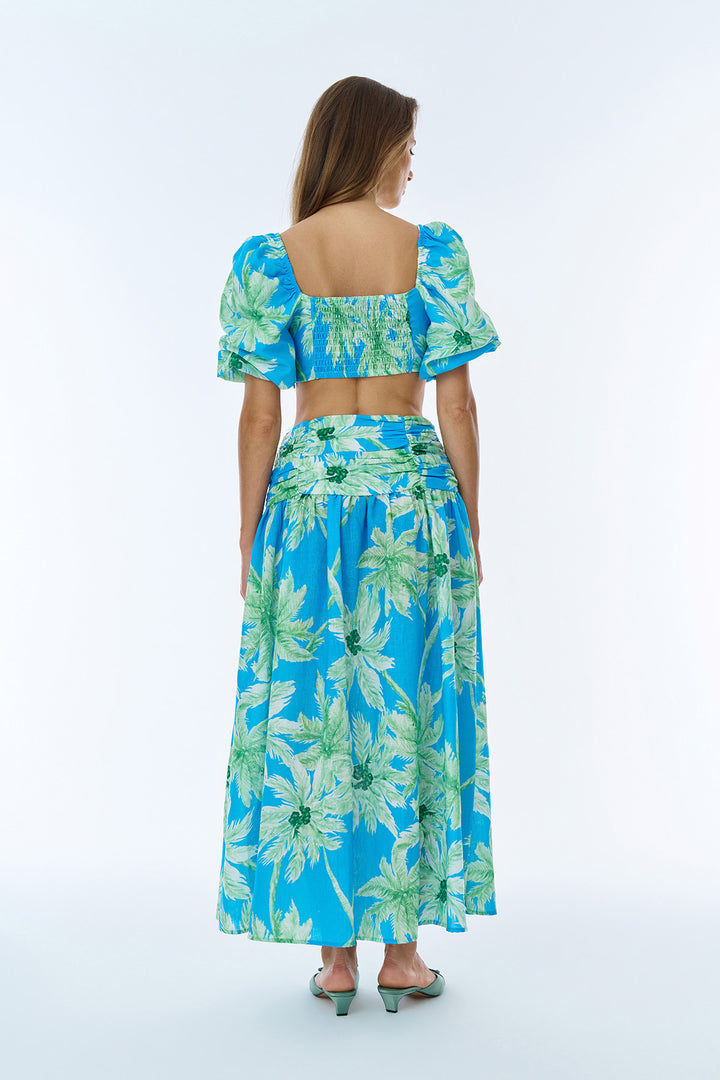 Renkli Desenli Yırtmaçlı Midi Etek Mint