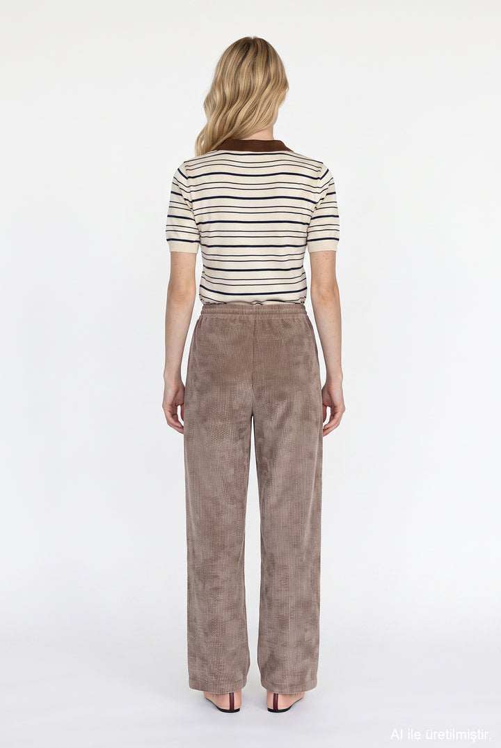 Beli Lastikli Kadife Bol Paça Pantolon Camel