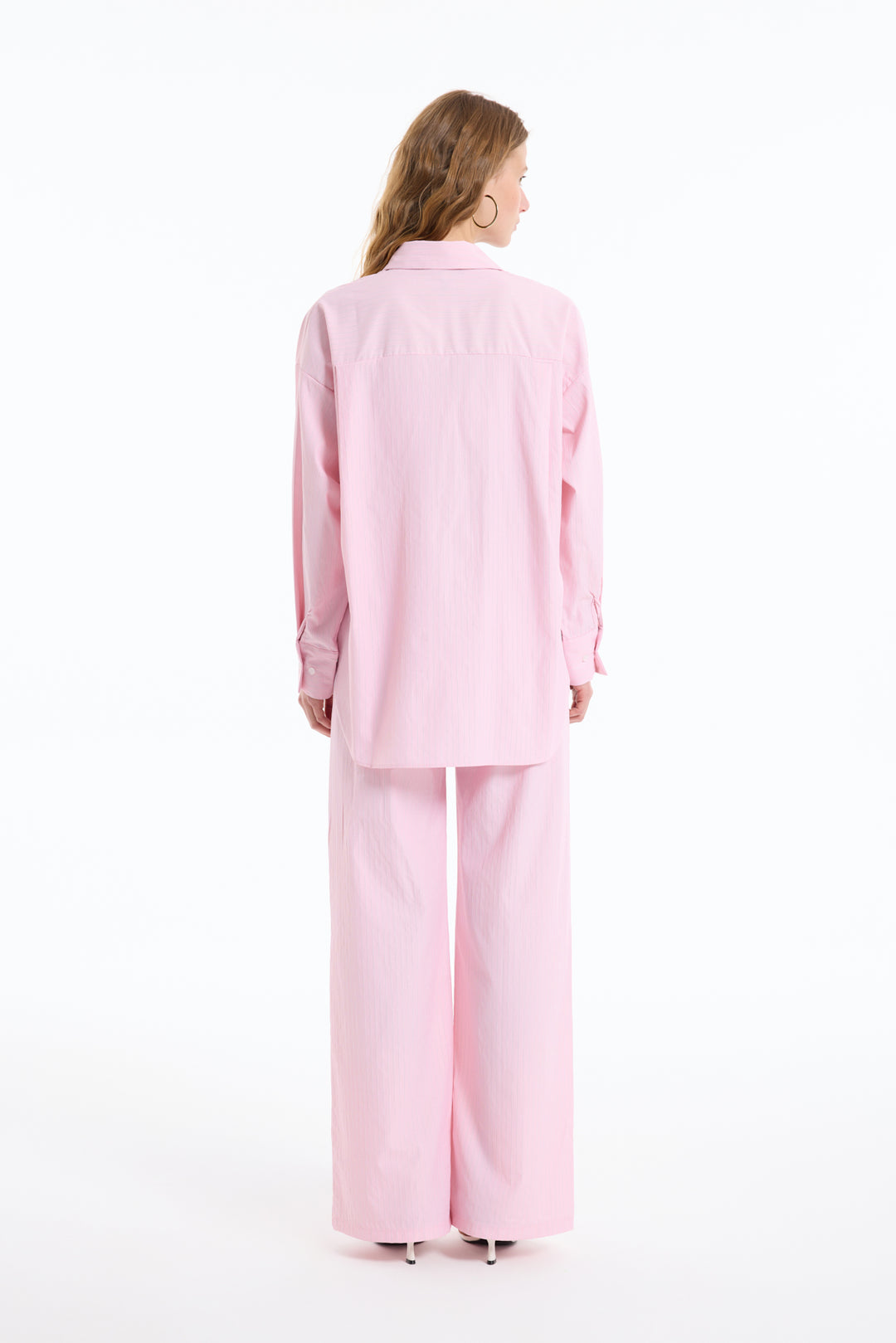 İnce Çizgili Oversize Gömlek Pembe