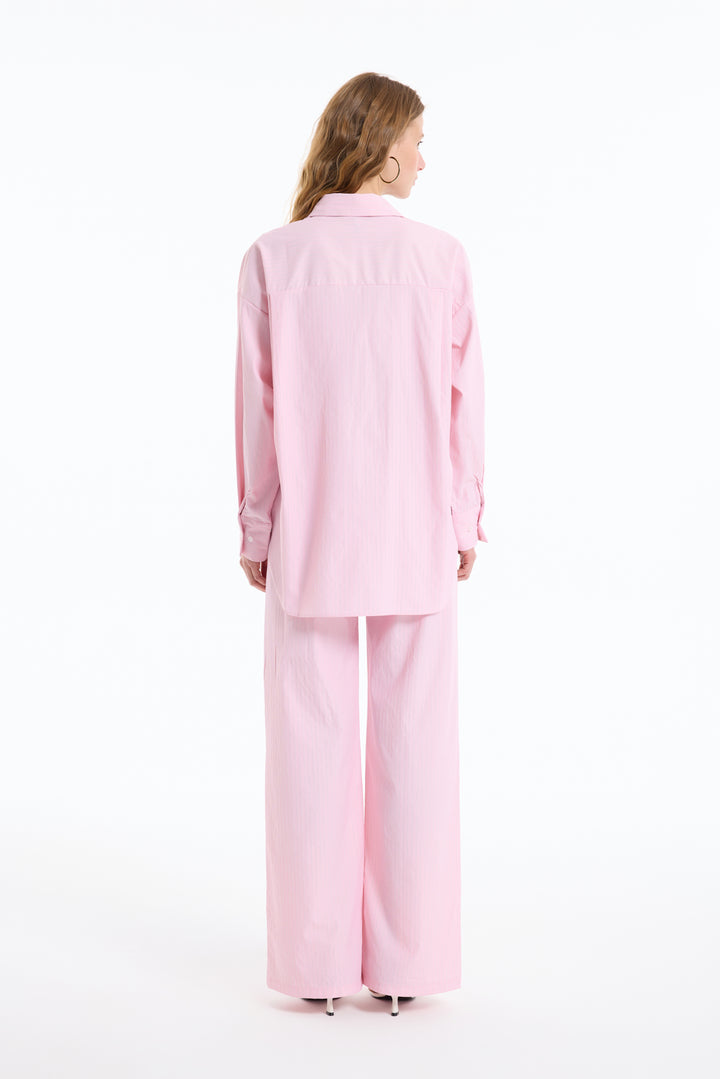 İnce Çizgili Oversize Gömlek Pembe