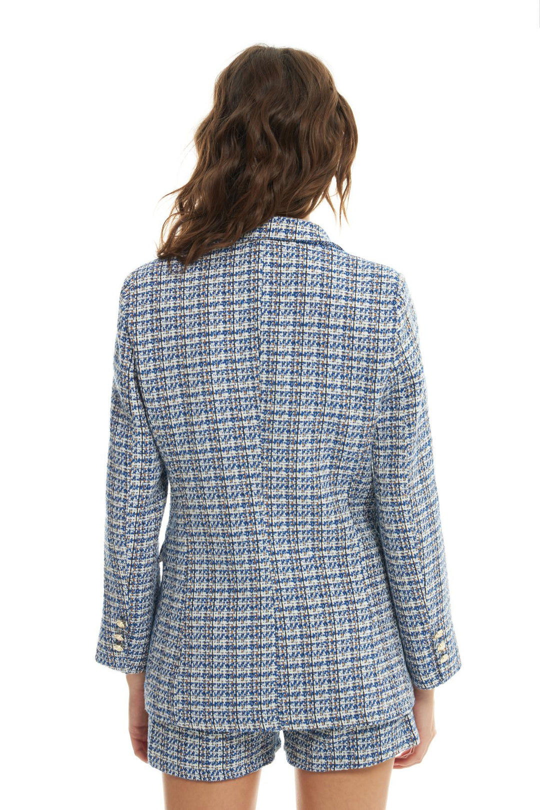 Kruvaze Yaka Düğme Detaylı Tüvit Blazer Ceket Sax