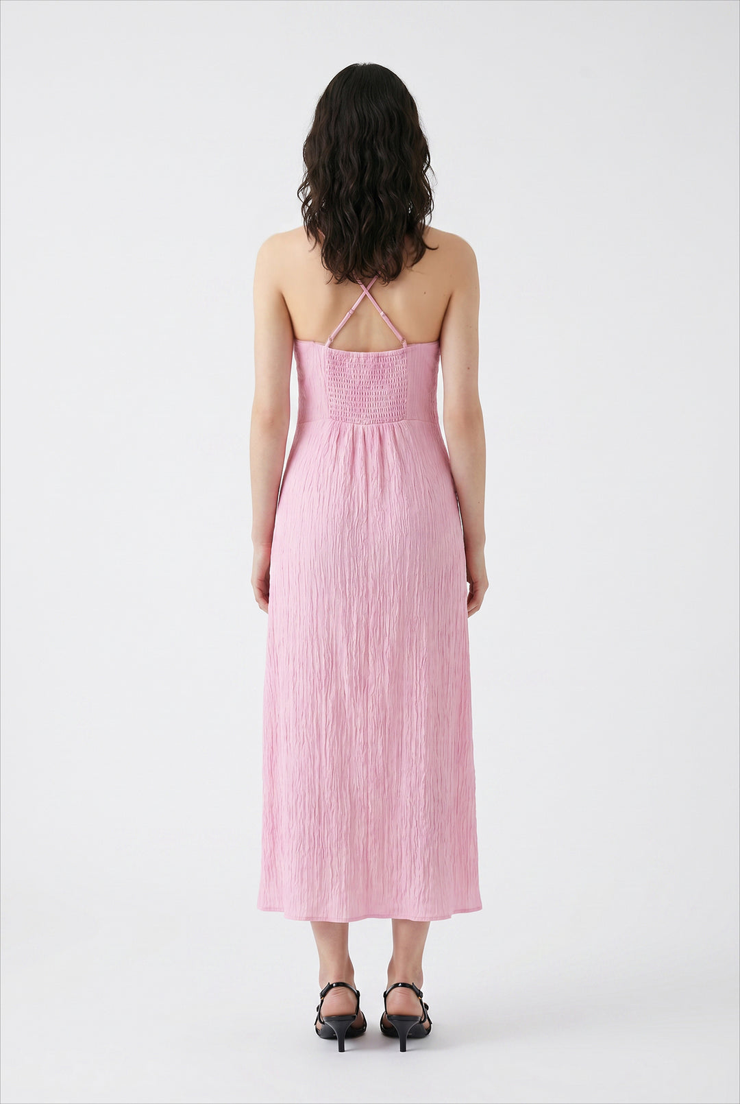 Askılı Ön Bağlamalı Yırtmaçlı Midi Elbise Pembe