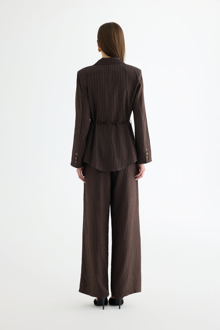 Çizgili Bağcıklı Gömlek Ceket Kahverengi