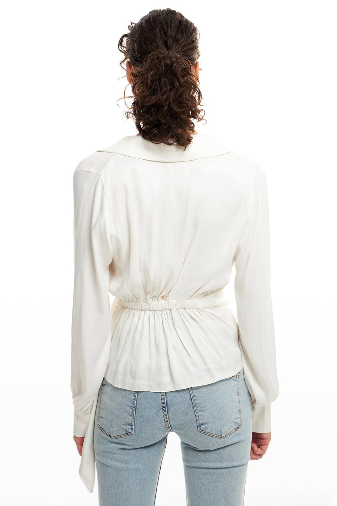 Kruvaze Bağlamalı Saten Gömlek Ekru