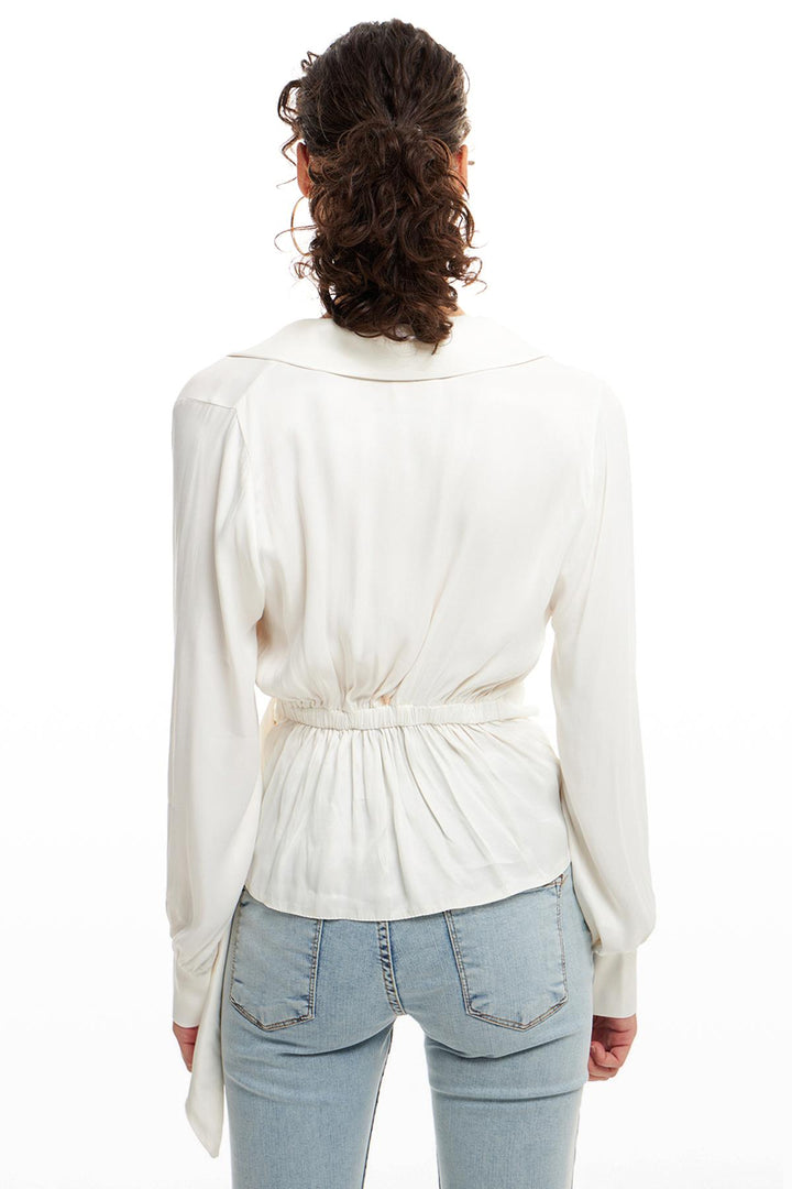 Kruvaze Bağlamalı Saten Gömlek Ekru