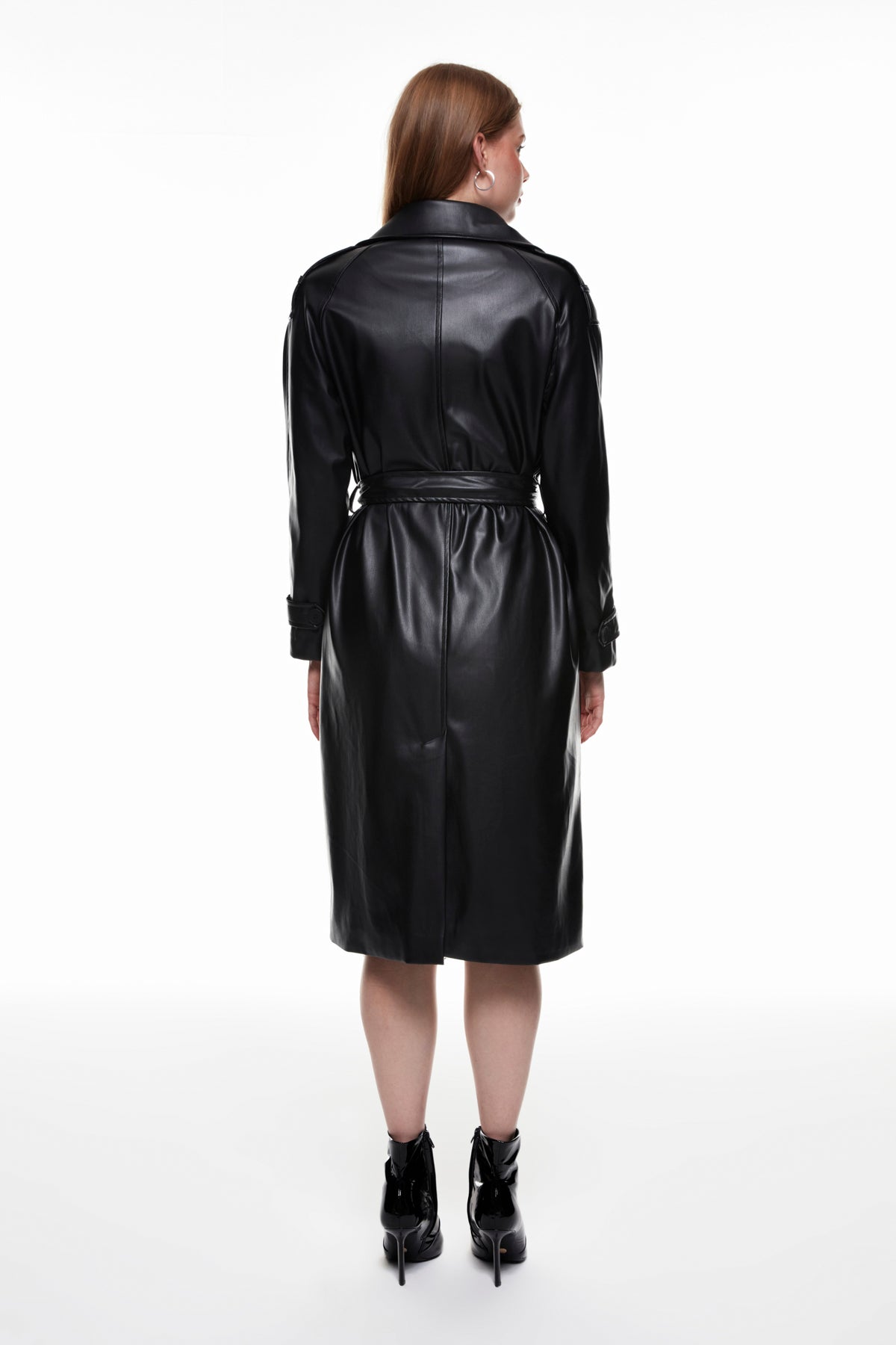 Leather Trench Coat with Tie Detail Black