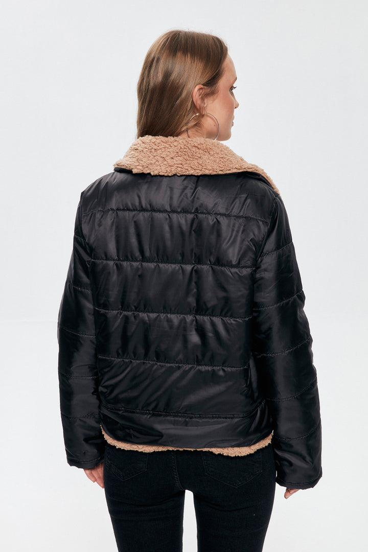 Peluş Detaylı Şişme Mont Siyah