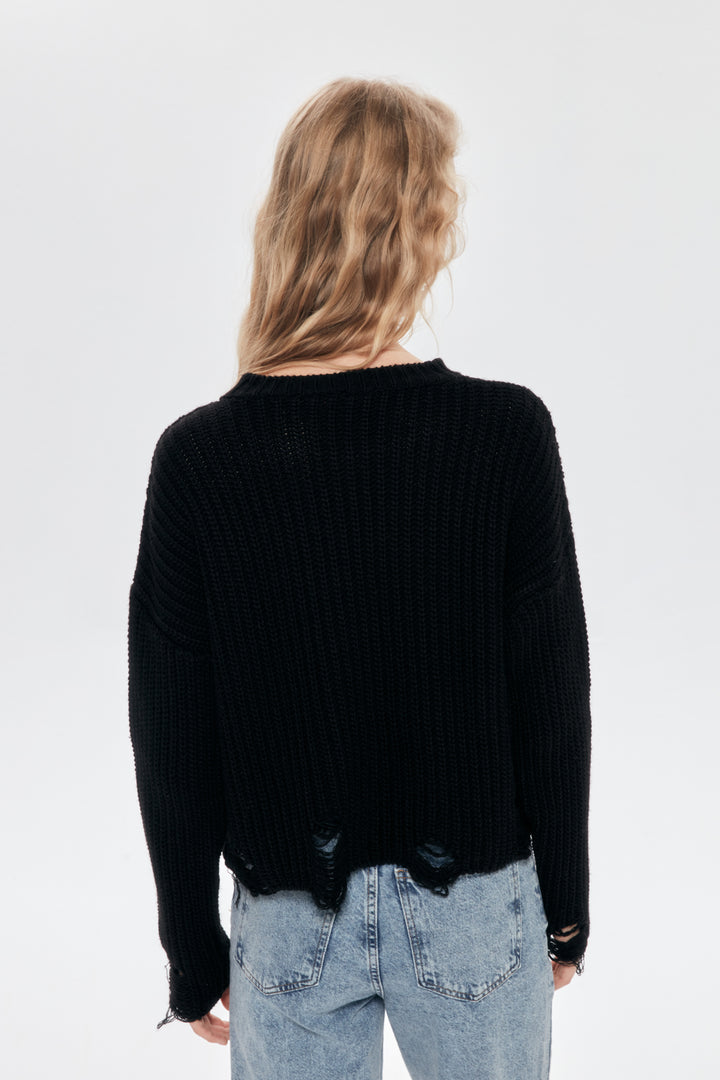 Yırtık Detaylı Bisiklet Yaka Kazak Siyah