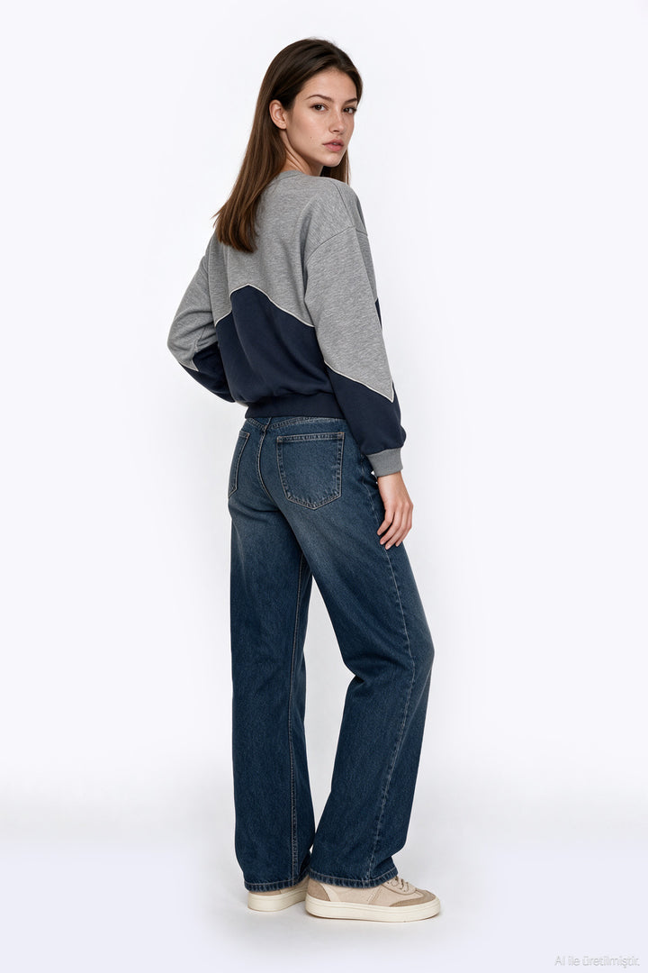 Yazı Nakışlı Renk Bloklu Sweatshirt Grimelanj