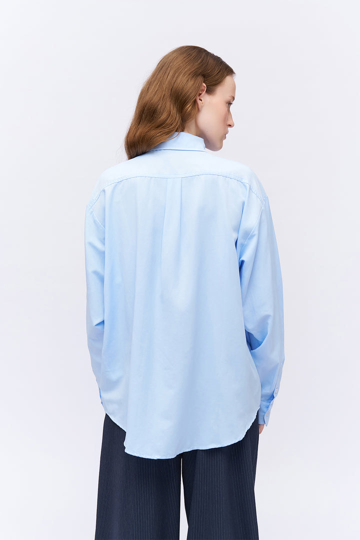 Nakış Ve Yazı Baskılı Oversize Gömlek Mavi