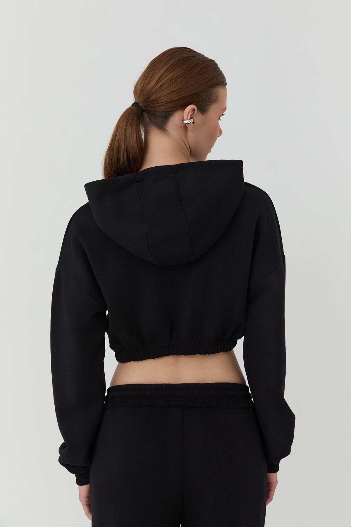 Kapüşonlu Crop Sweatshirt Siyah