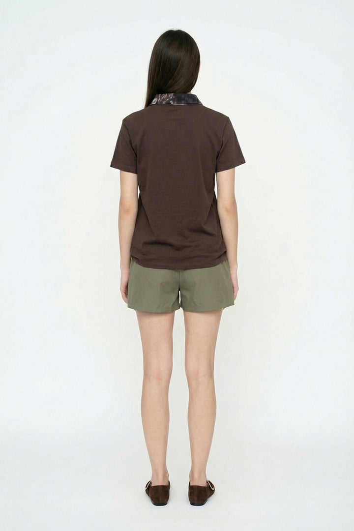 Fularlı Yazı Nakışlı Oversize Tişört Kahverengi