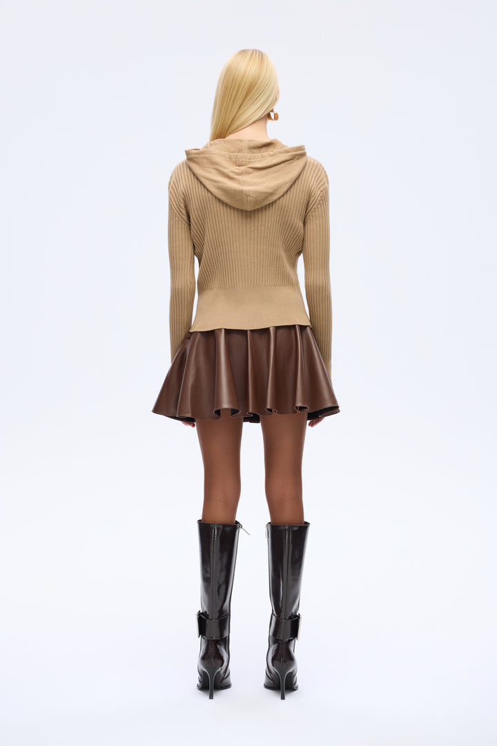 Fermuarlı Kapüşonlu Triko Hırka Vizon