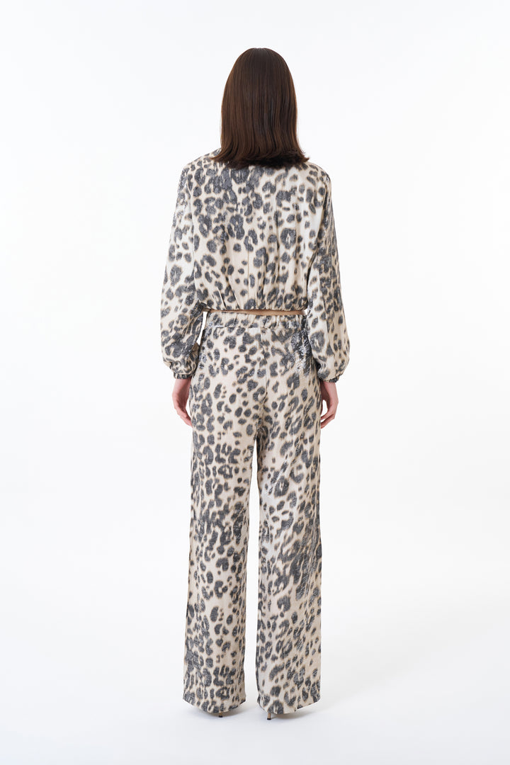 Leopar Desenli Geniş Paça Pantolon Taş