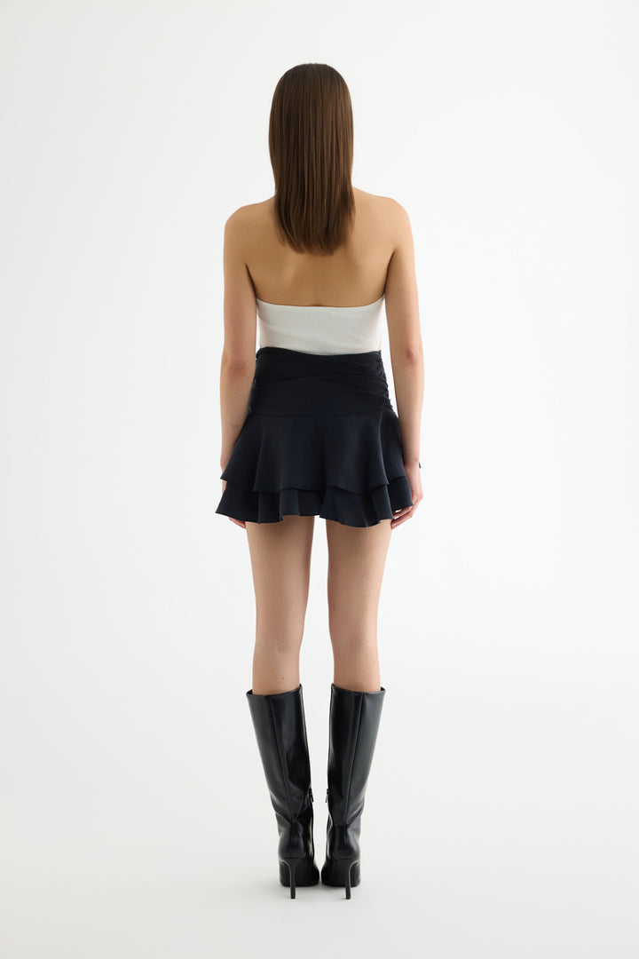 Katlı Volanlı Mini Etek Siyah