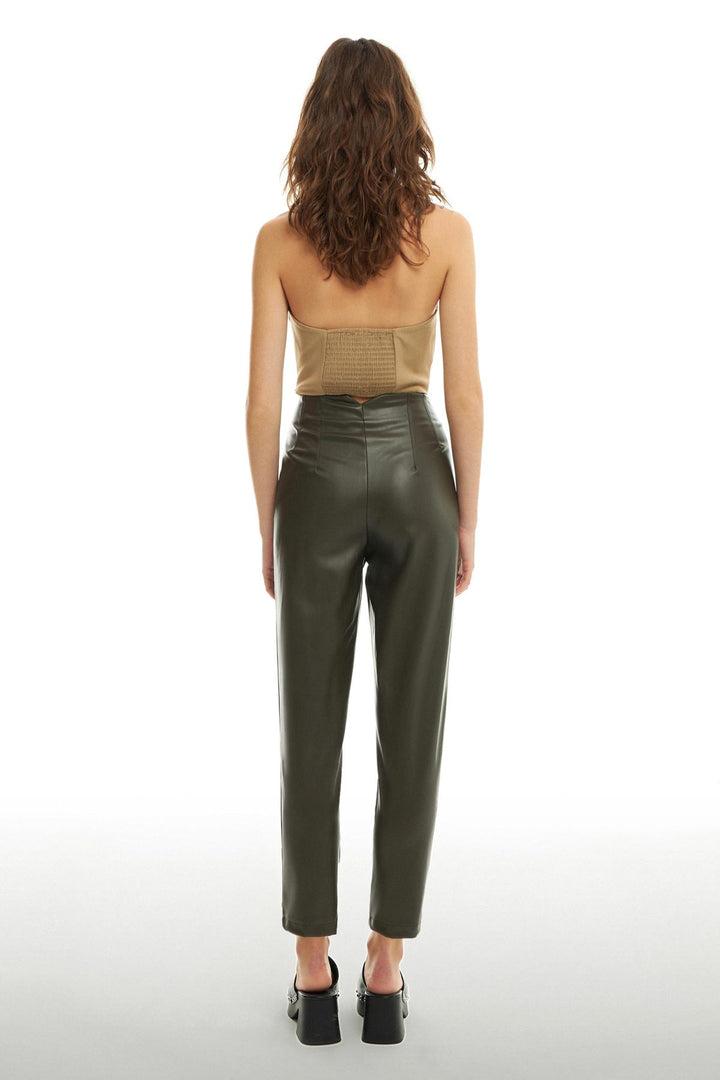 Plier Detailed Leather Trousers Khaki