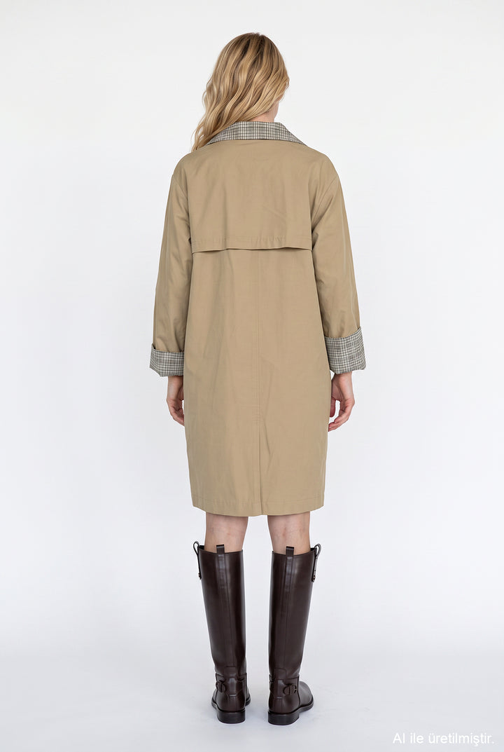 Ekose Manşetli Oversize Trençkot Bej