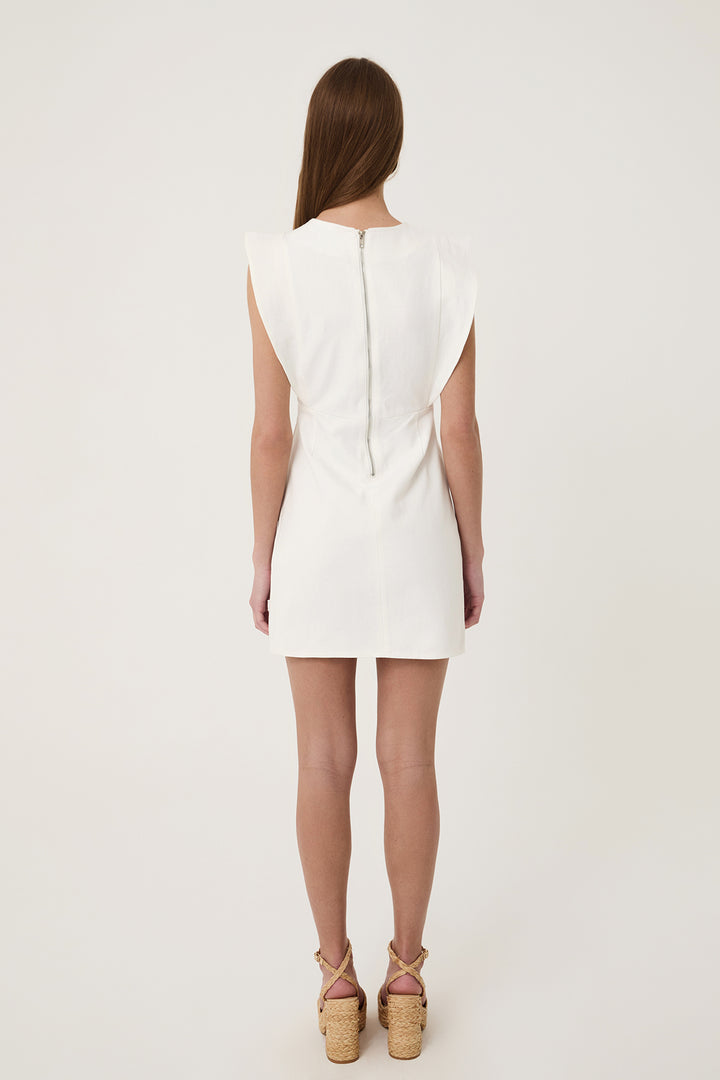 Volanlı Gabardin Elbise Beyaz