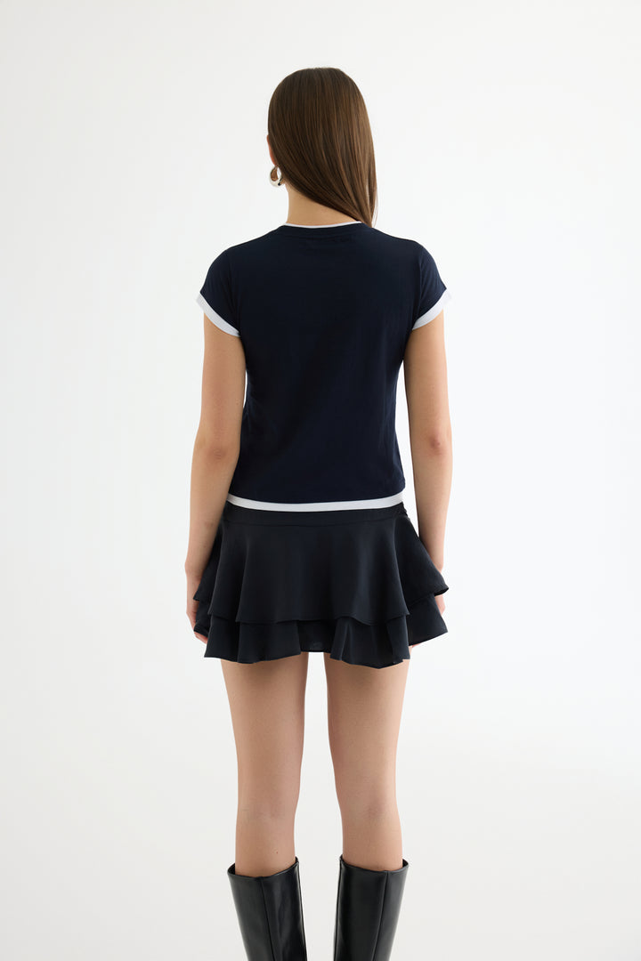 Yazı Baskılı Reglan Garnili Tişört Lacivert