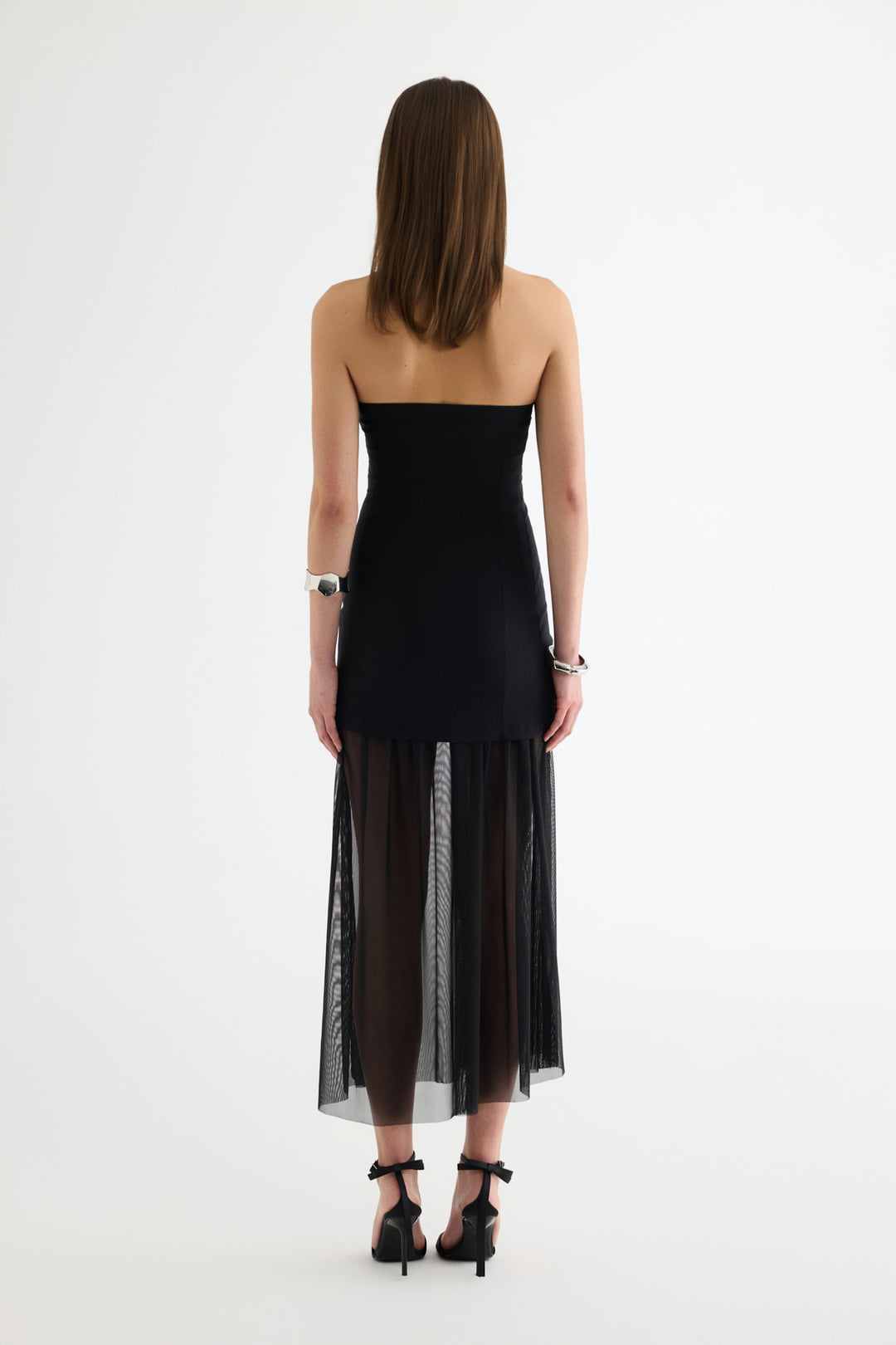 Straplez Kombine Midi Elbise Siyah