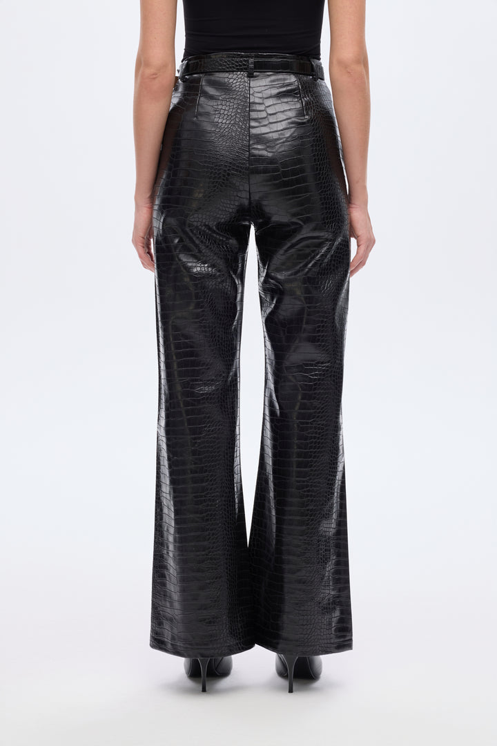 Kroko Desenli Bol Paça Deri Pantolon Siyah