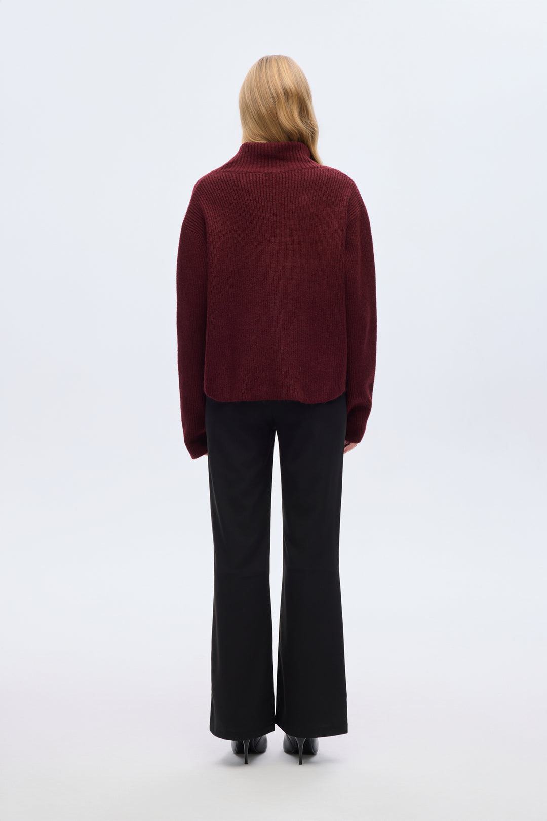 Asimetrik Fermuarlı Triko Kazak Mürdüm