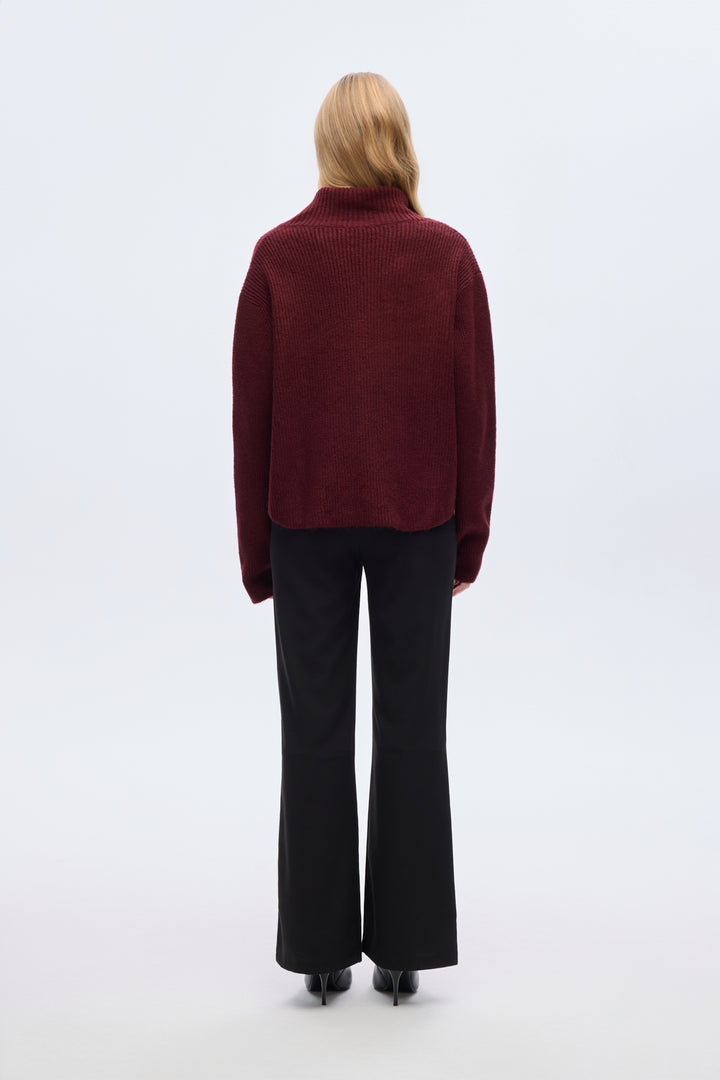 Asimetrik Fermuarlı Triko Kazak Mürdüm