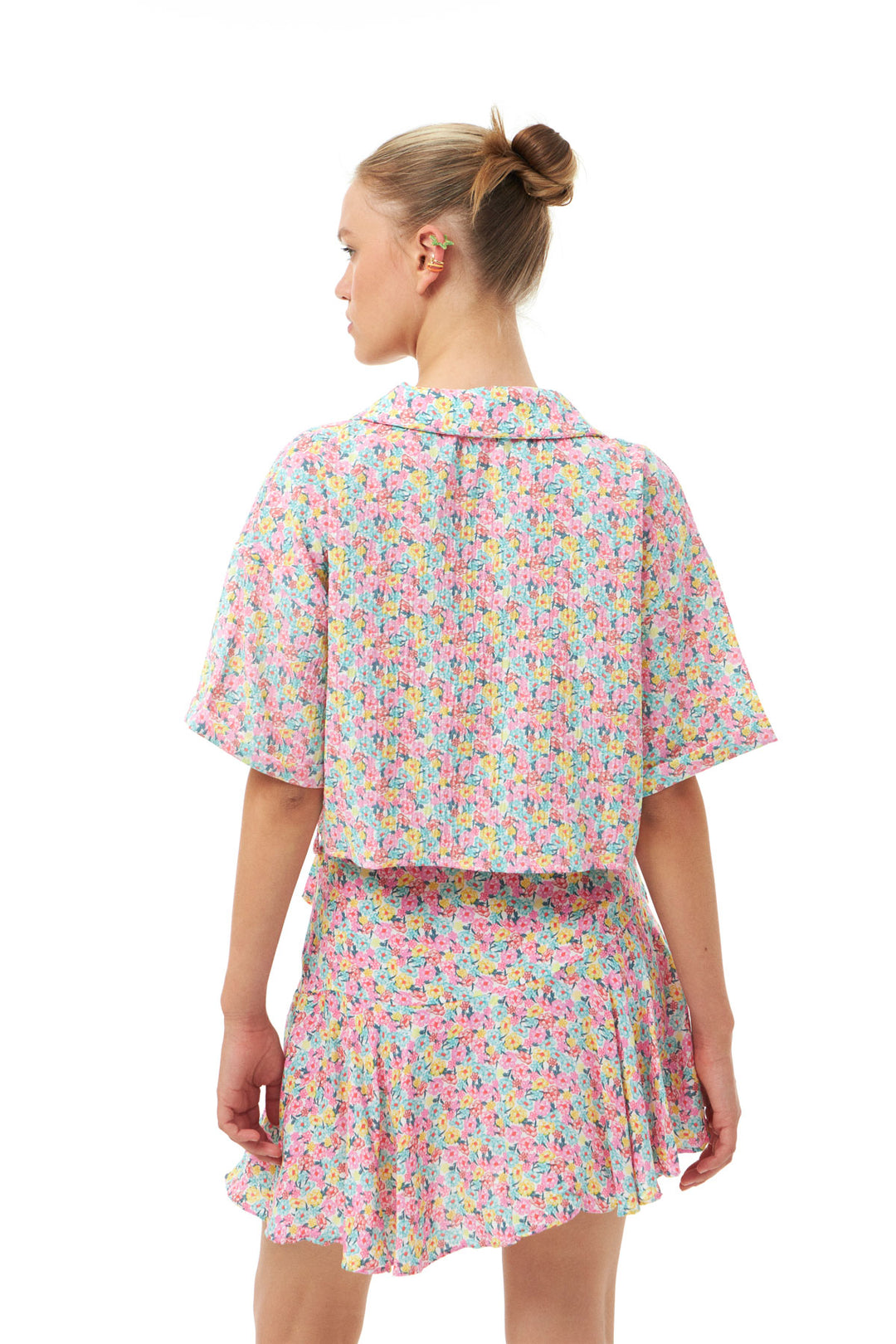 Floral Pattern Crop Shirt Pink