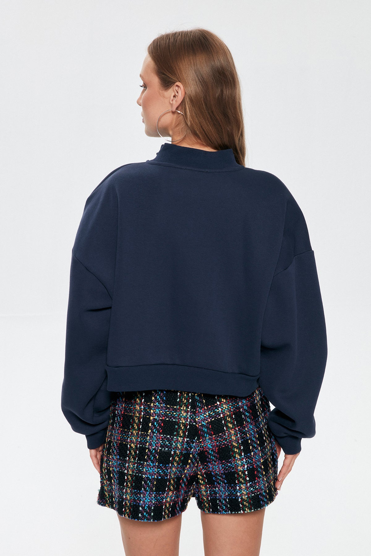 Zipper Detailed Crop Sweatshirt Navy Blue