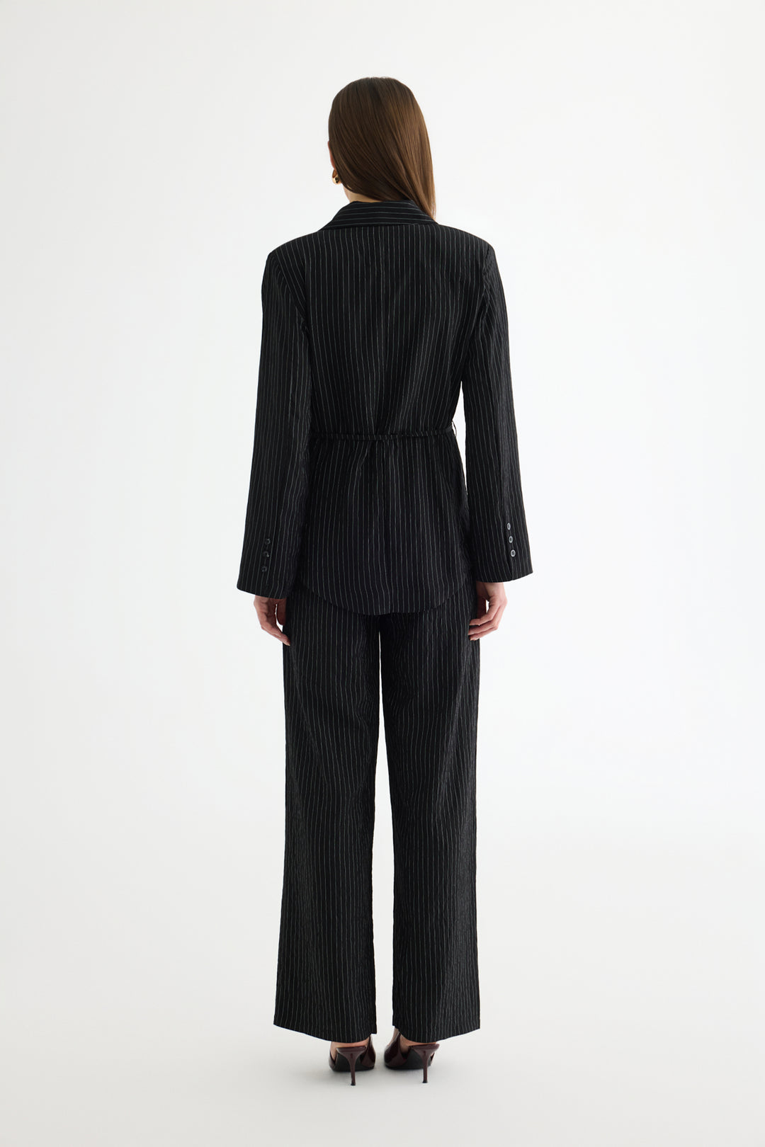 Çizgili Bağcıklı Gömlek Ceket Siyah