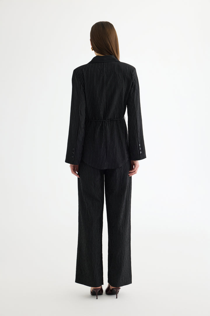 Çizgili Bağcıklı Gömlek Ceket Siyah