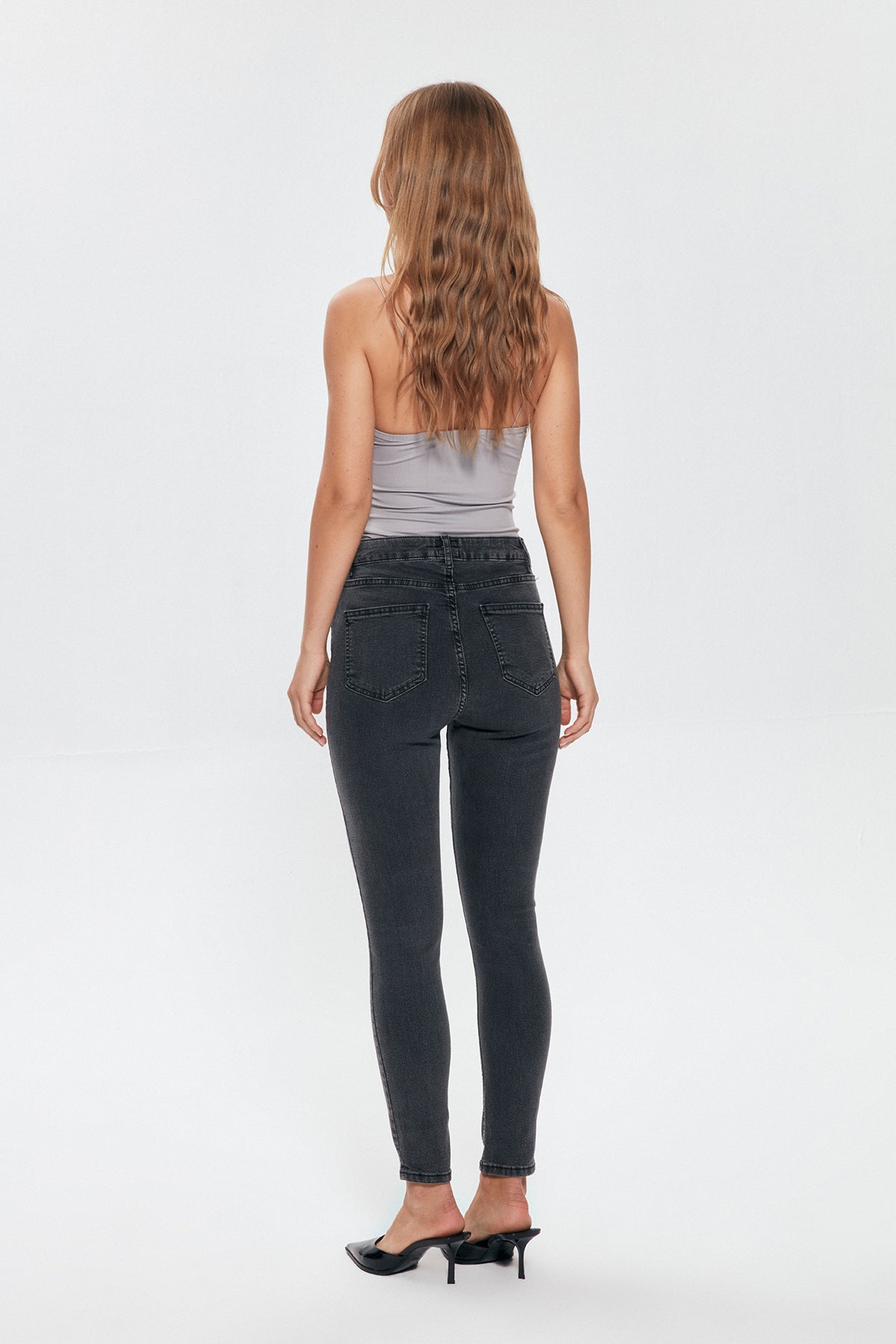 High Waist Slim Leg Jeans Trousers Gray