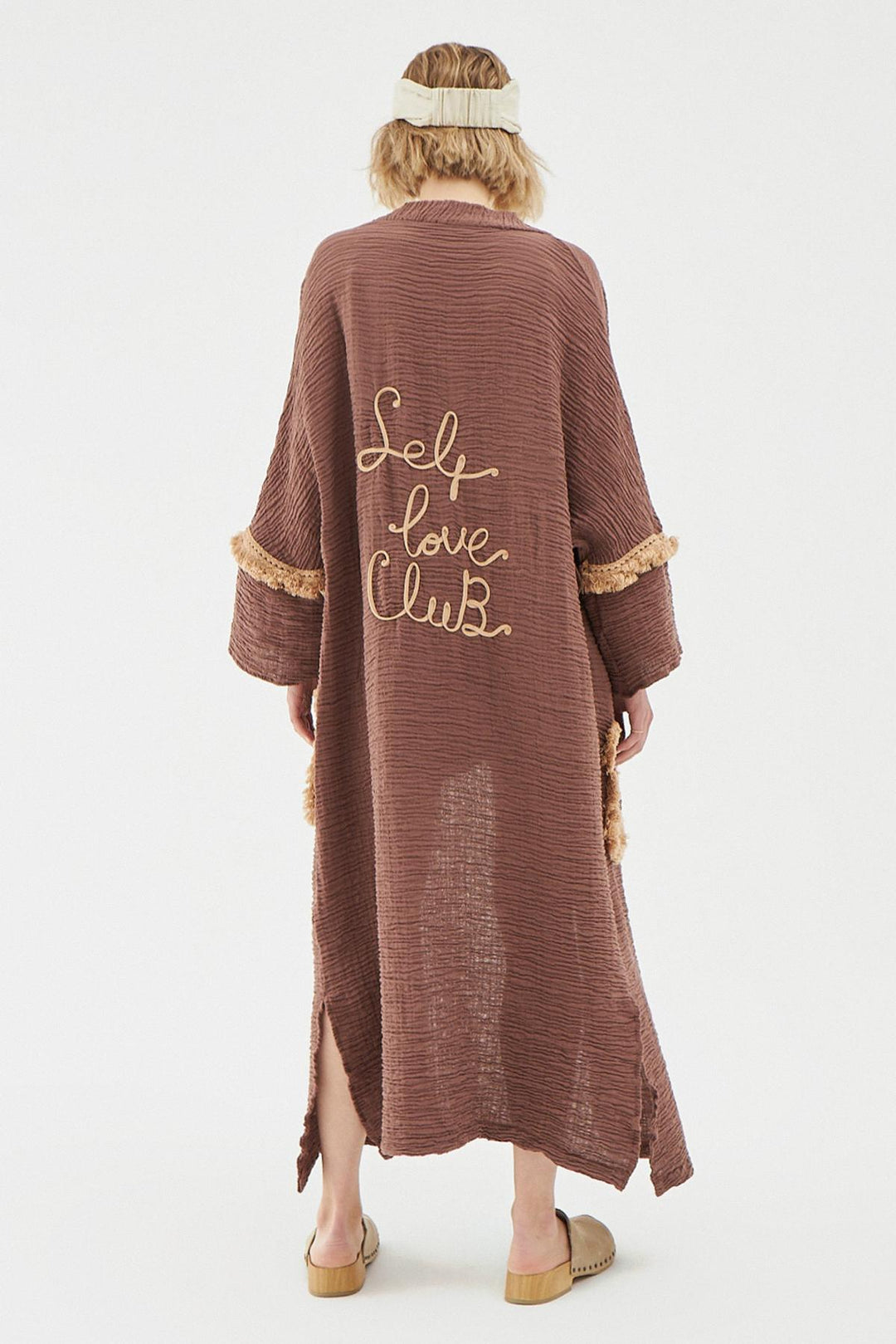 Nakışlı Püsküllü Uzun Kimono Kahverengi