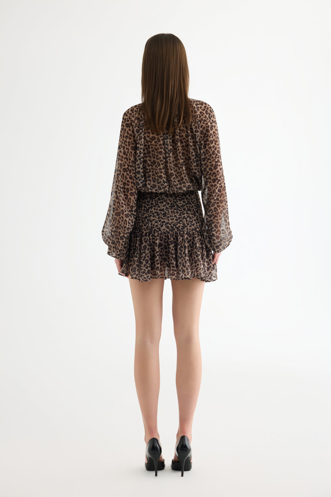 Leopar Desenli Fırfırlı Şifon Mini Etek Kahverengi