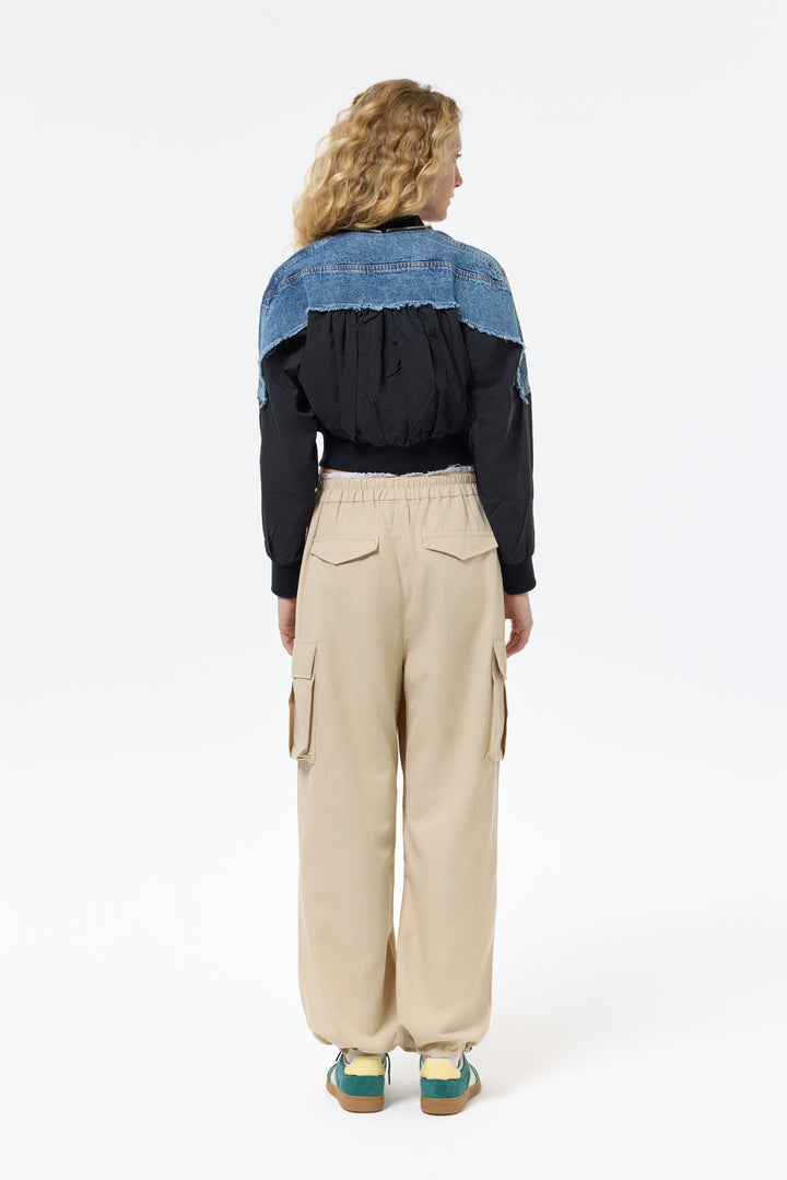 Denim Detaylı Püsküllü Bomber Ceket Siyah