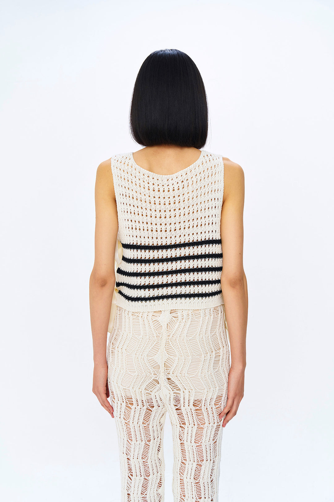 Yanları Bağlama Detaylı Çizgili Triko Krem