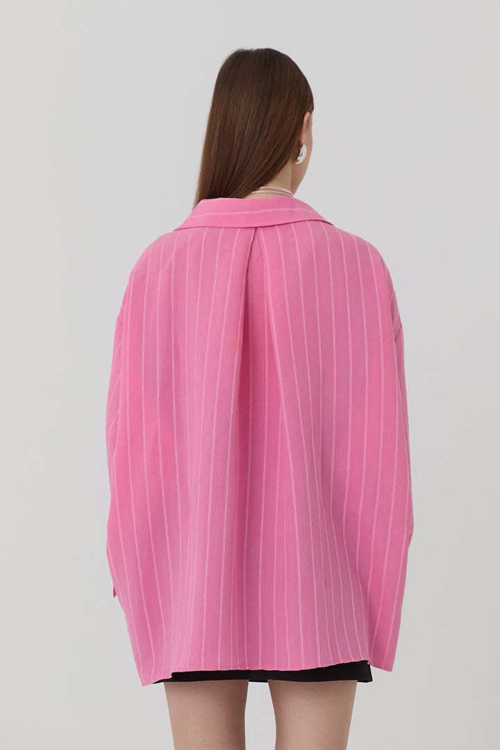 İnce Çizgi Detaylı Oversize Gömlek Pembe