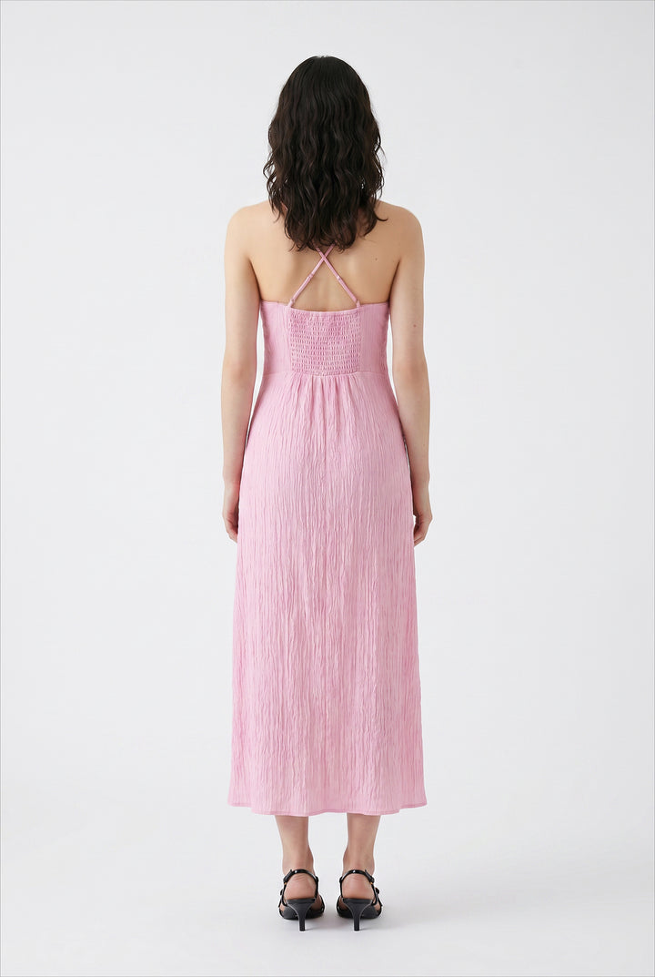Askılı Ön Bağlamalı Yırtmaçlı Midi Elbise Pembe