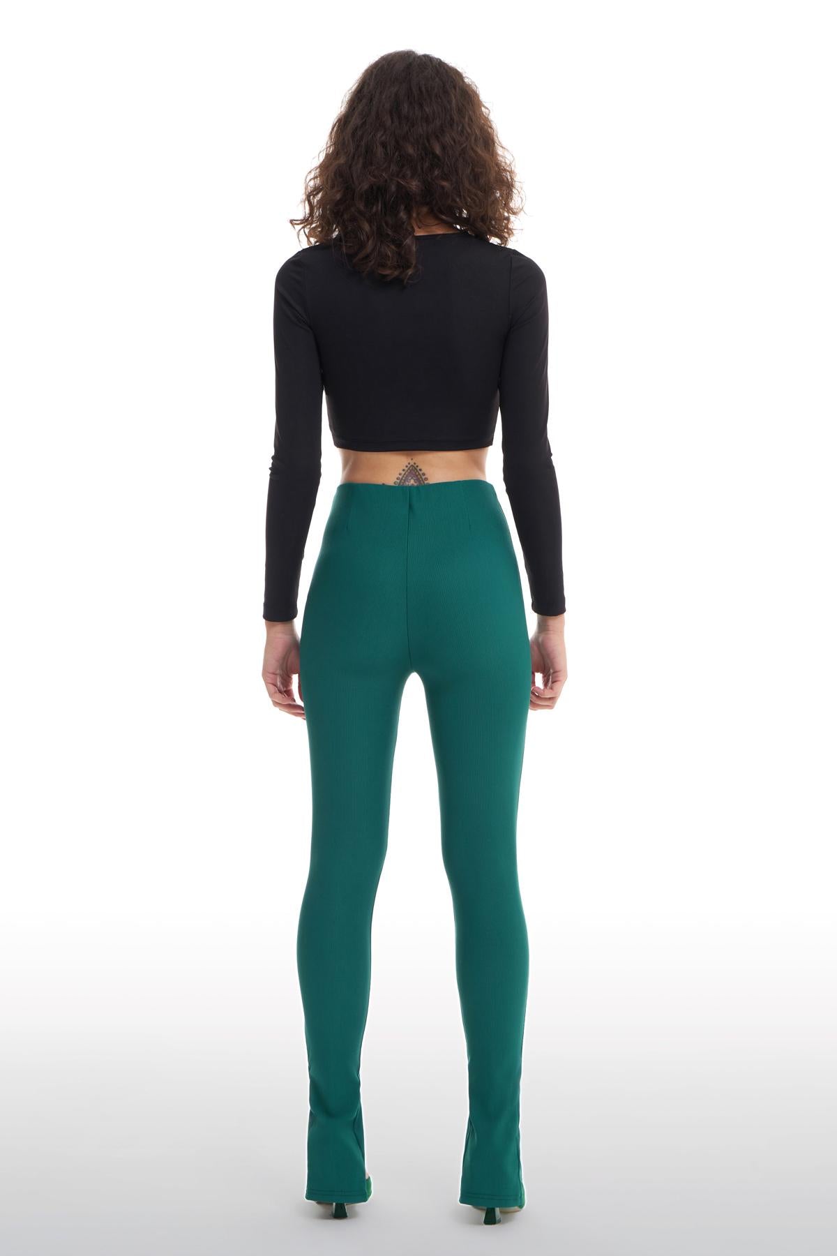 Elastic Waist Slit Trousers Dark Green