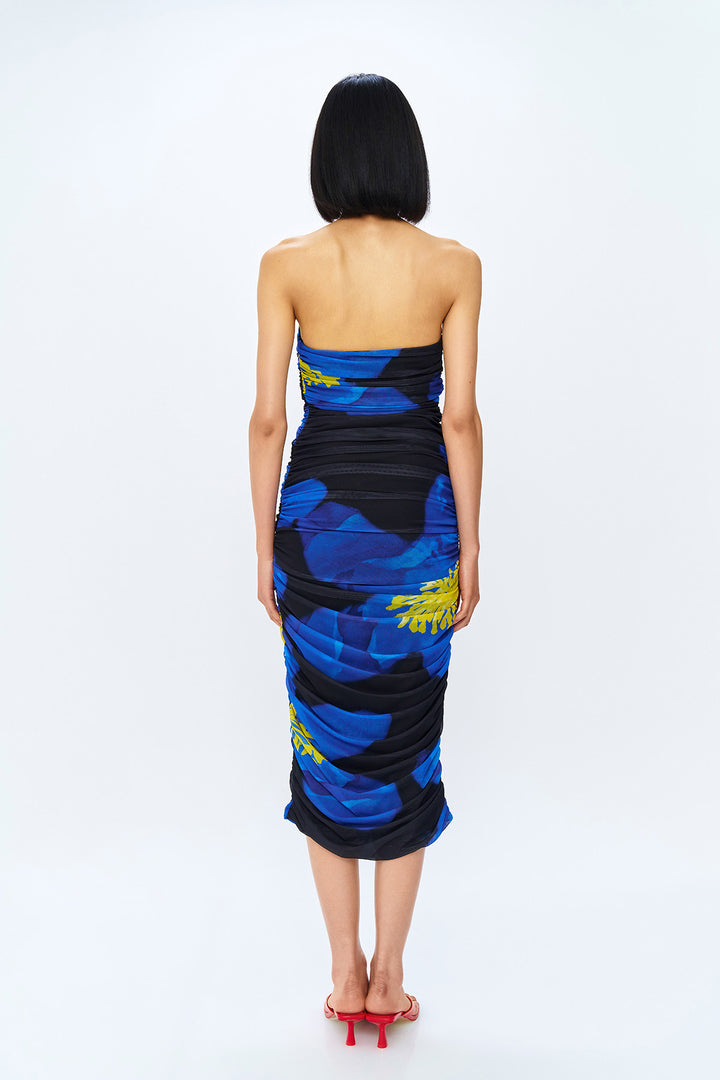 Drape Detaylı Renkli Straplez Midi Elbise Mavi